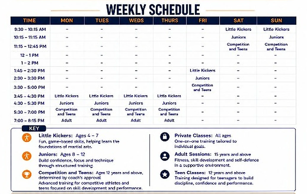 UMAC weekly schedule — Little Kickers (ages 4–7), Juniors (ages 8–12), Competition & Teens (ages 12+) and Adult (ages 15+) class times for every day of the week
